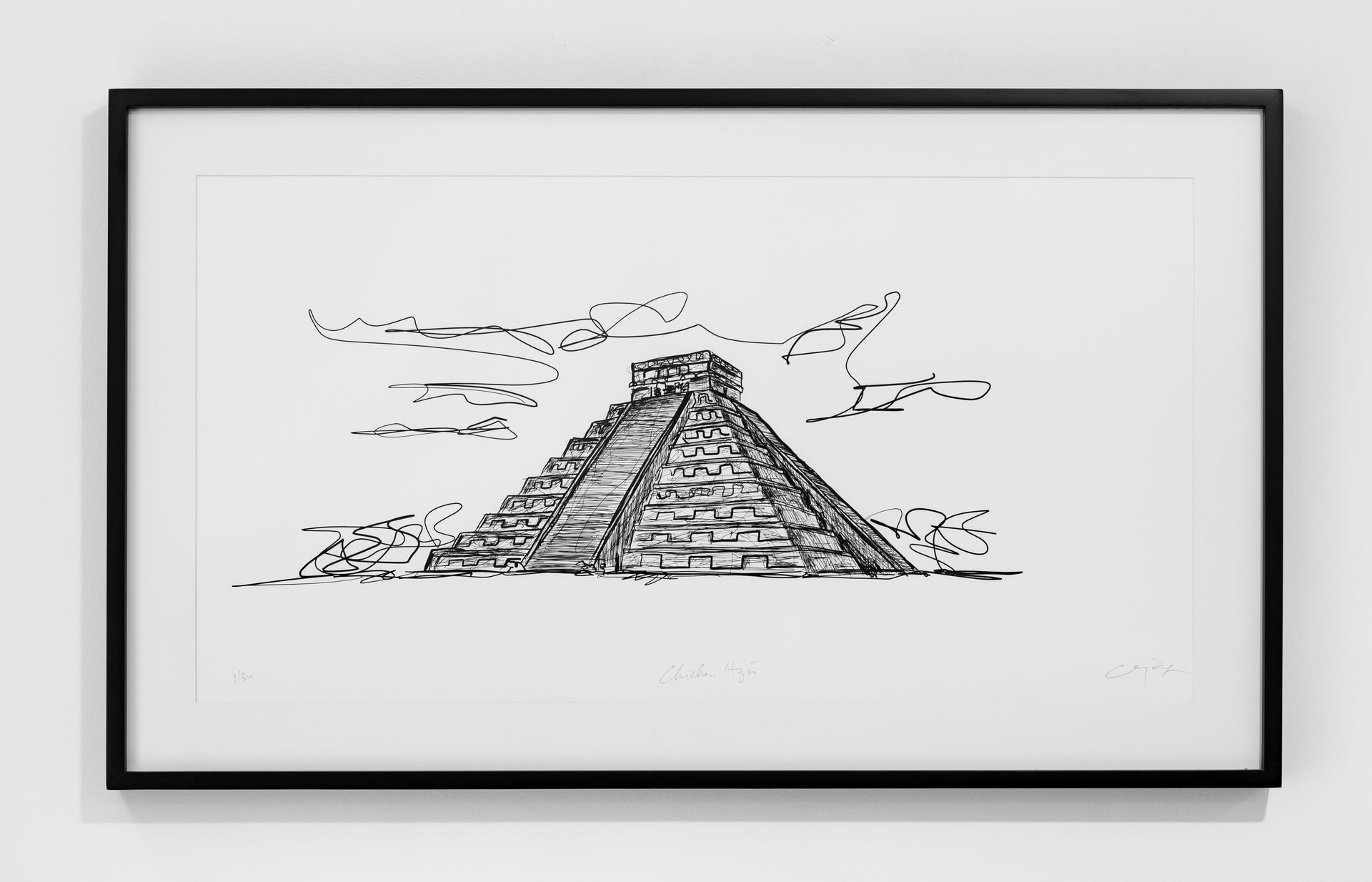 A black and white drawing of a pyramid in a frame