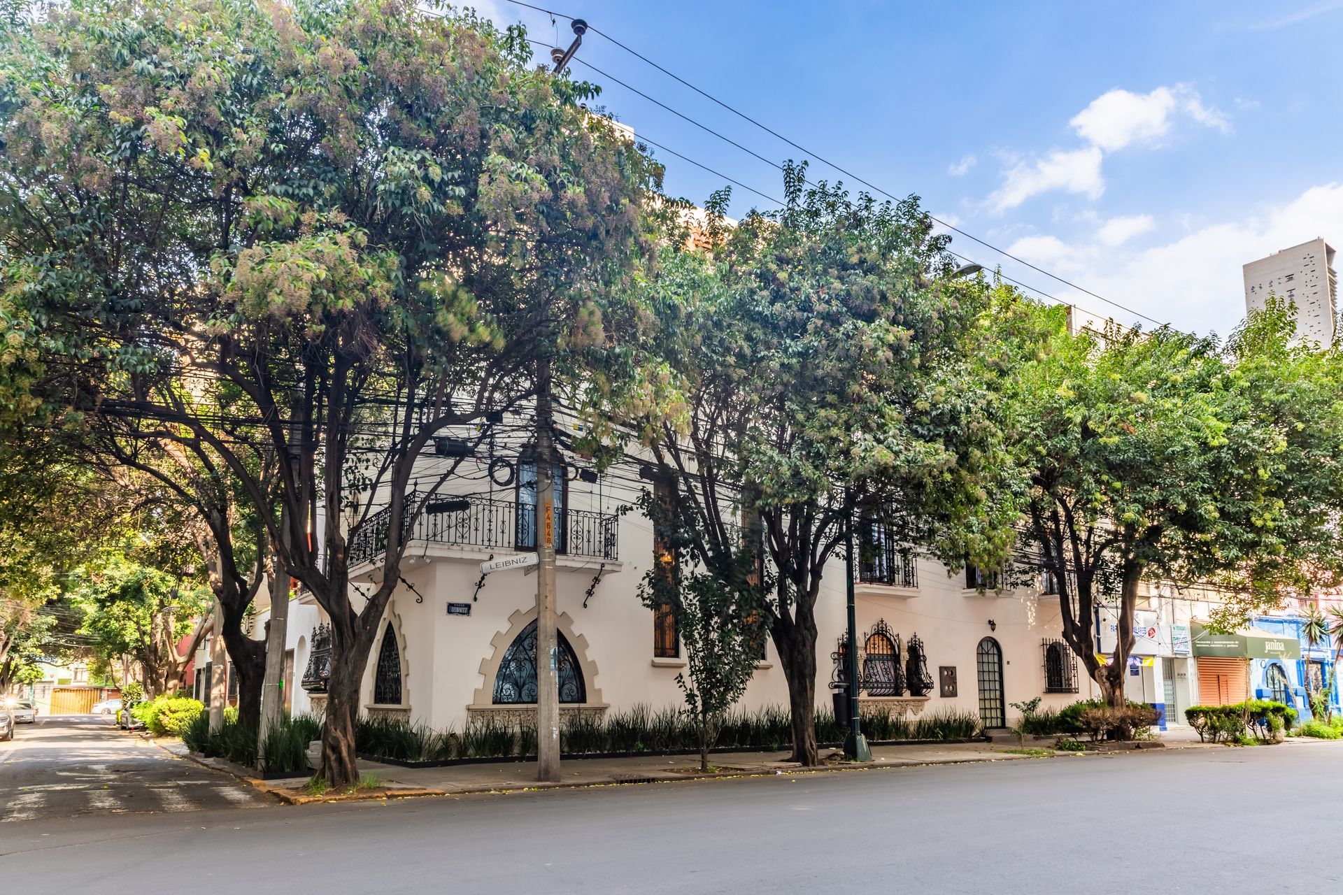 Un edificio blanco con muchos árboles delante de él.