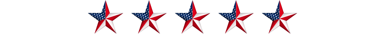 A row of red , white and blue flags on a white background. Five patriotic stars in a row, each with red, white, and blue colors.