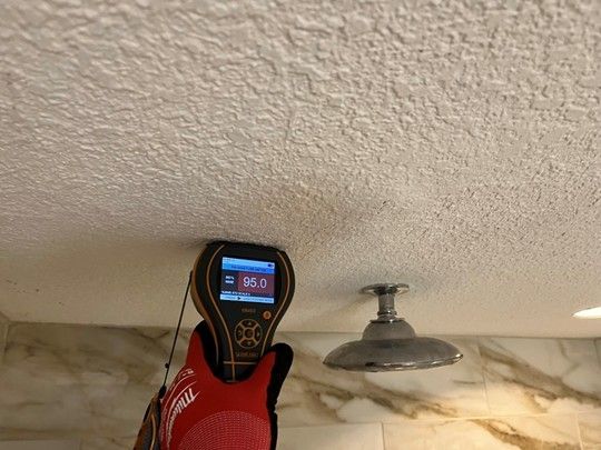 A hand holding a moisture meter against a textured ceiling in a bathroom, measuring 95.0.