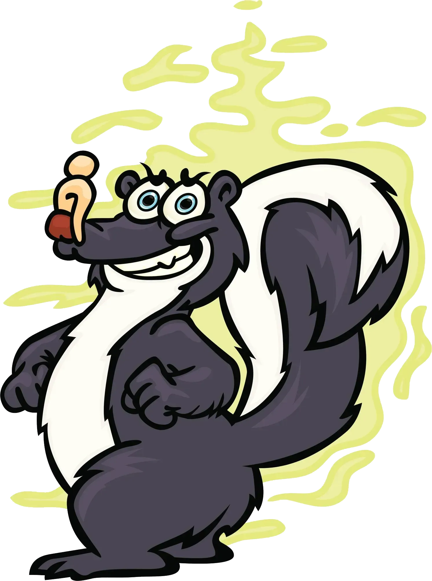 Smiling skunk emitting a yellow cloud. Black and white fur, red nose, and big eyes.