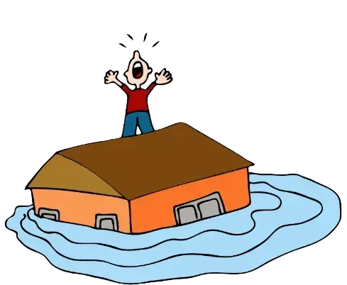 Man standing on a house submerged in flood water, arms raised, mouth open in distress.