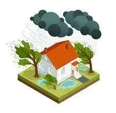 House in a storm: Rain, wind, dark clouds, and trees bending in the wind.