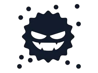 Dark, spiky cartoon monster with a menacing grin and several small floating spheres.