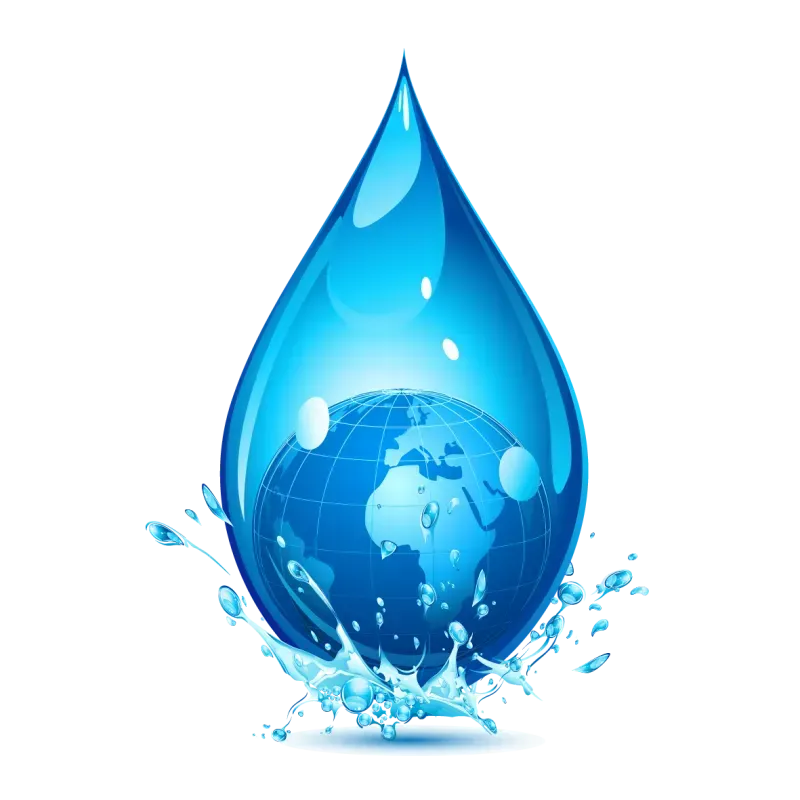 Blue water droplet with Earth inside, splashing outwards.