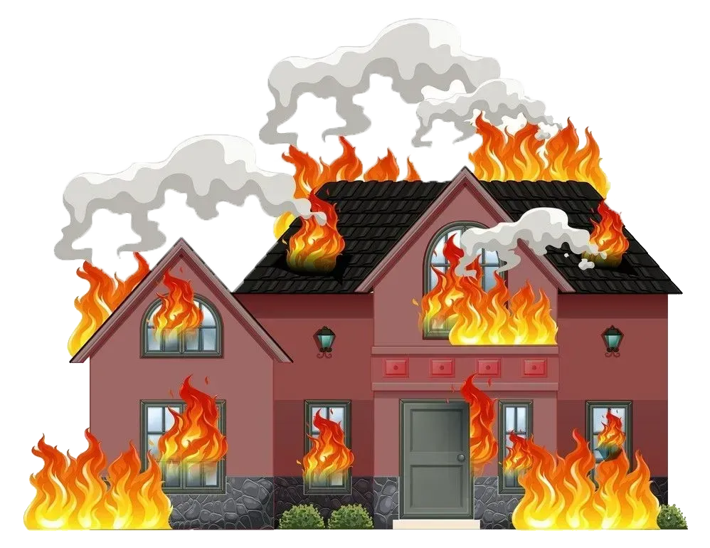 A two-story house engulfed in flames, with smoke billowing from the roof.