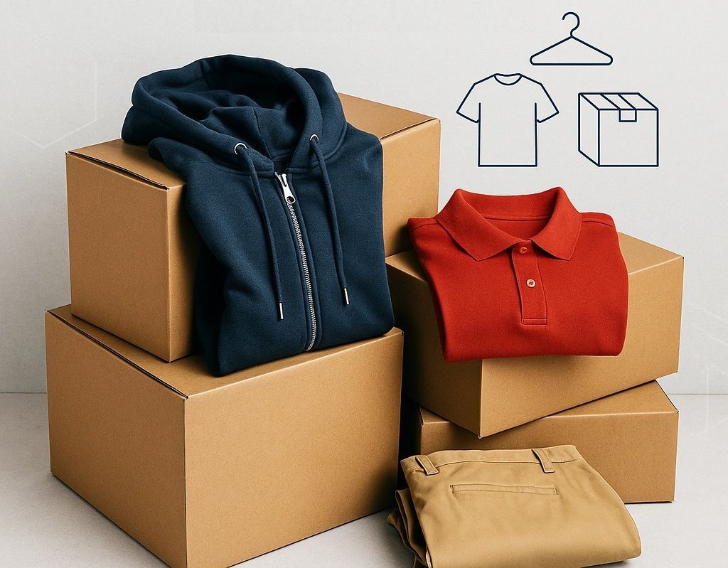 Stacks of wholesale clothing boxes with bulk hoodies, red polo shirts, and folded apparel ready for
