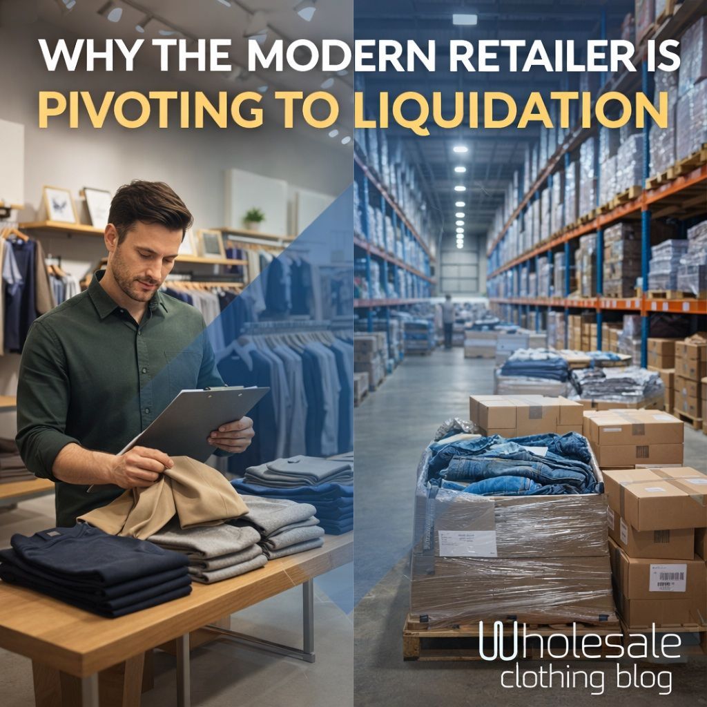 Split image showing modern retail clothing store and warehouse pallets of liquidation apparel