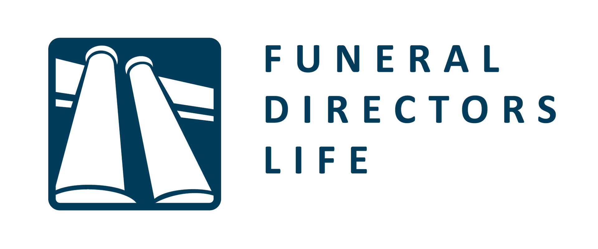 The logo for funeral directors life is blue and white.