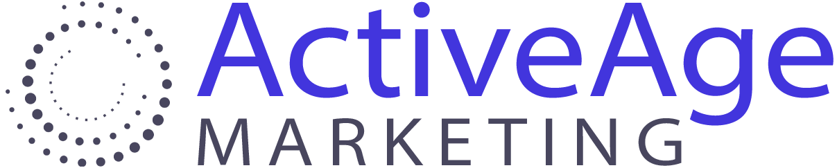 The logo for active age marketing is purple and white