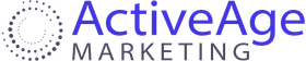 The logo for active age marketing is purple and white