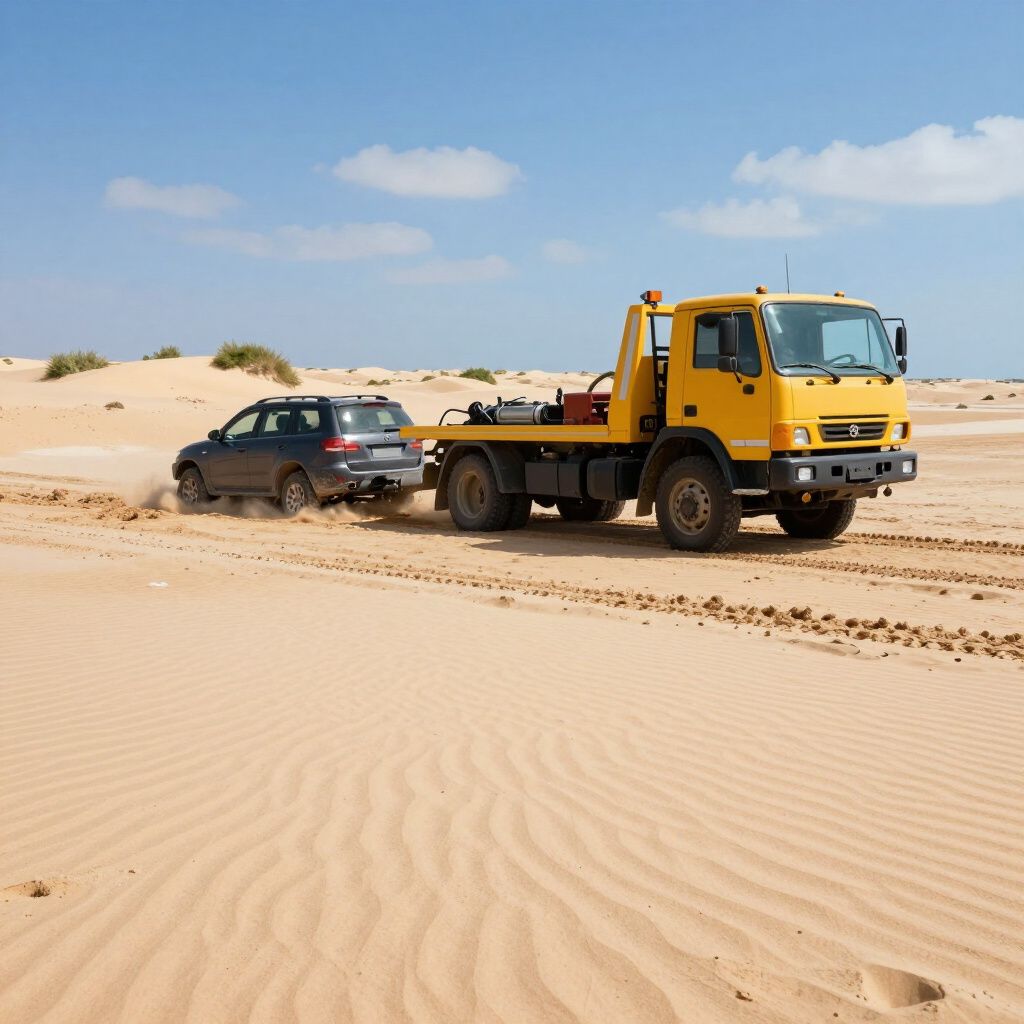 Yellow tow truck pulling a dark-colored SUV stuck in sand under a blue sky.