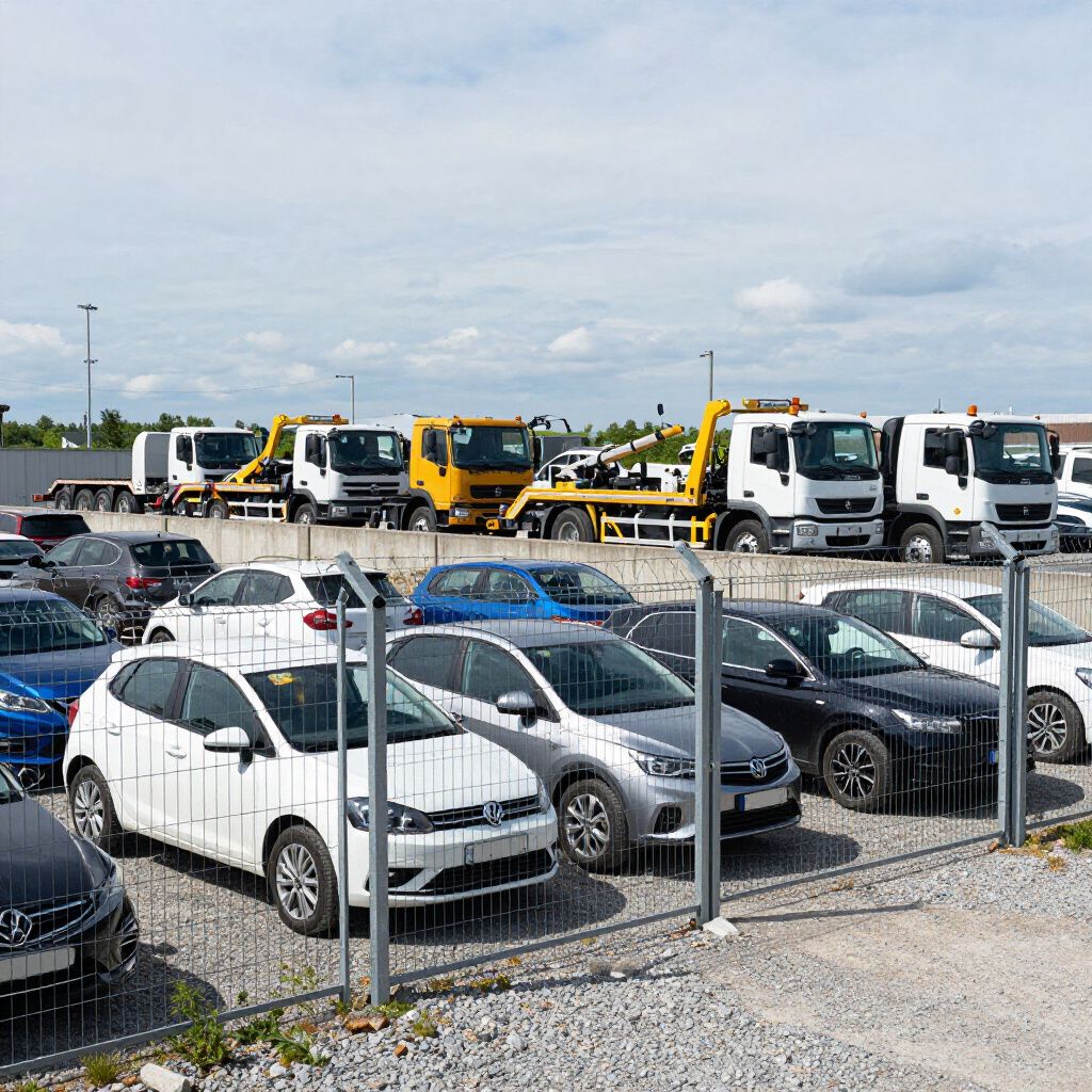Cars and tow trucks in a lot behind a chain-link fence on a partly cloudy day.