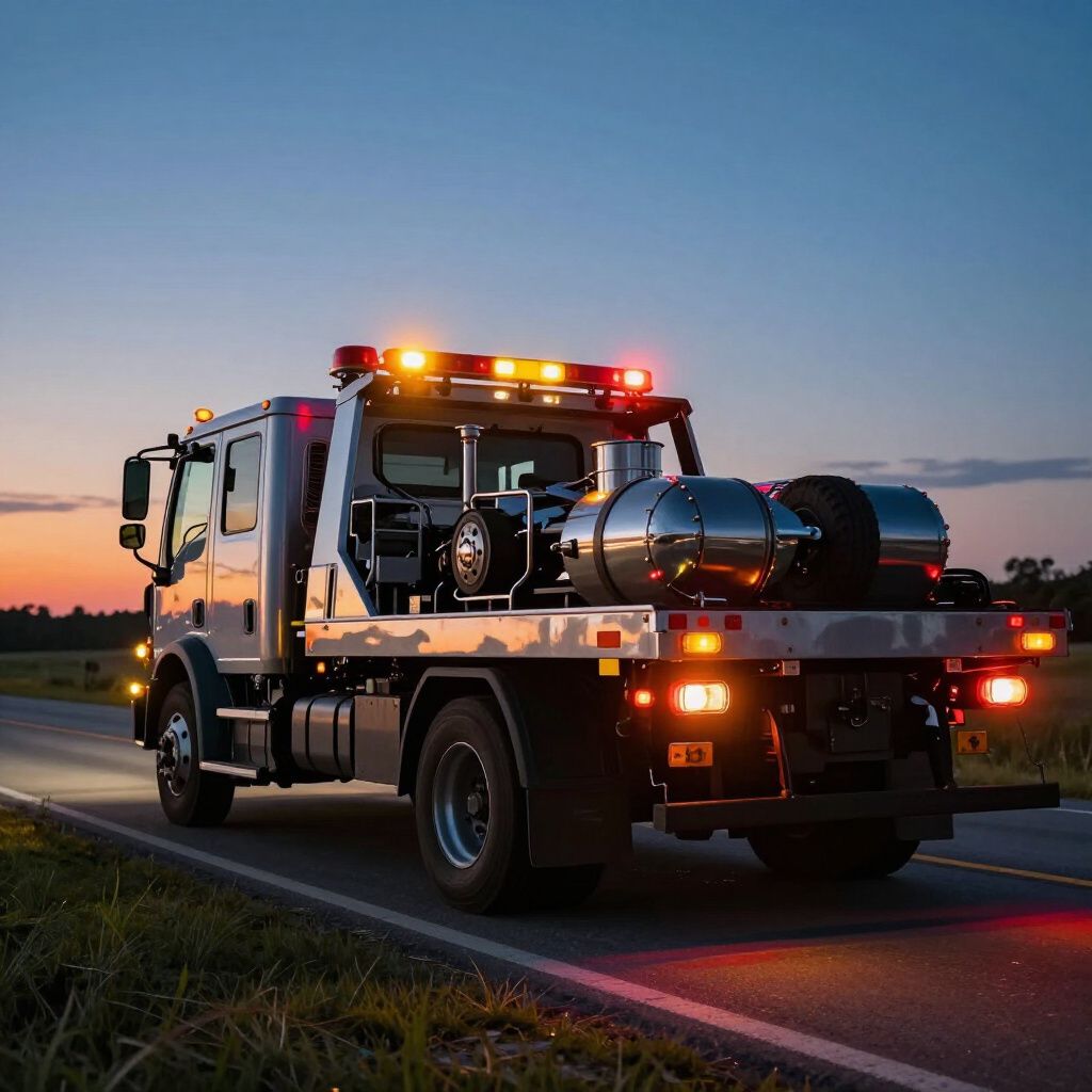 Tow truck with flashing lights on a road at dusk.