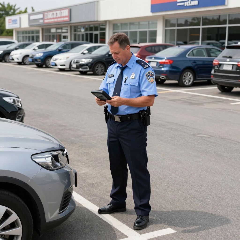 Police officer in uniform using a tablet to inspect a car in a parking lot.