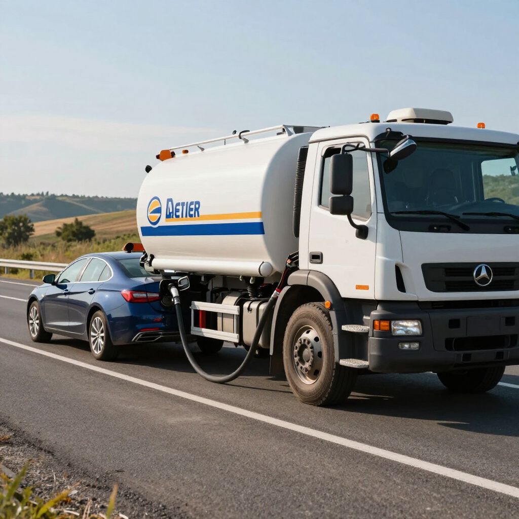 Fuel tanker truck fueling a blue car on a road.