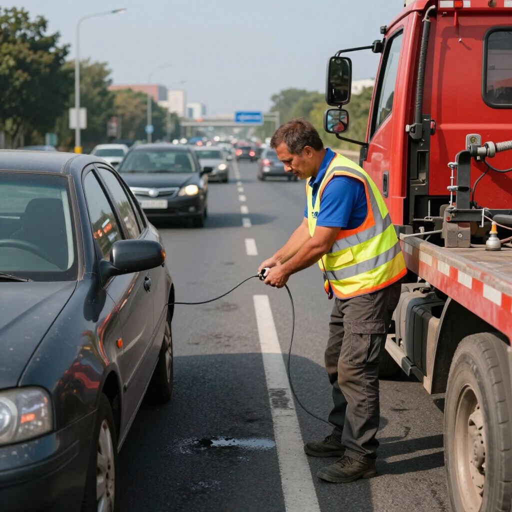 Tow truck driver hooking up a car on a busy road.