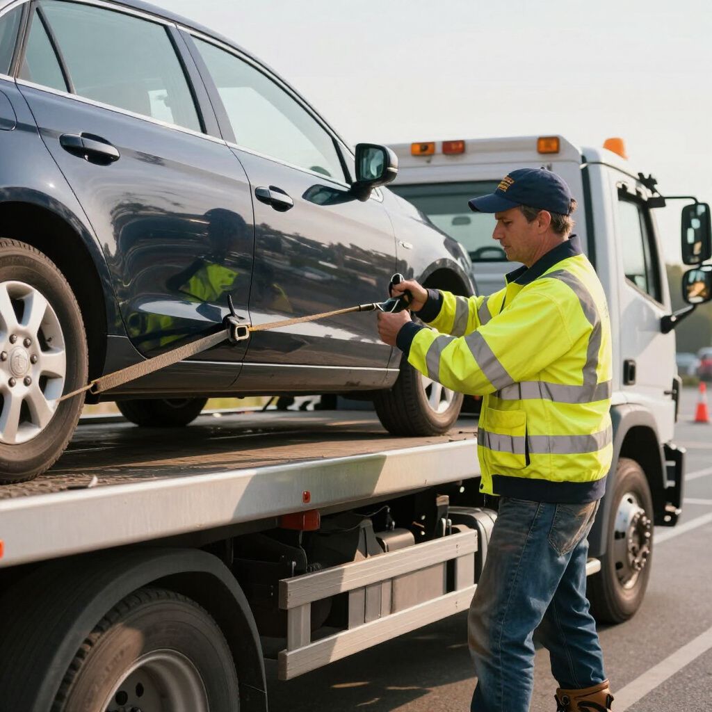 A tow truck operator secures a dark car to a flatbed truck on a road.