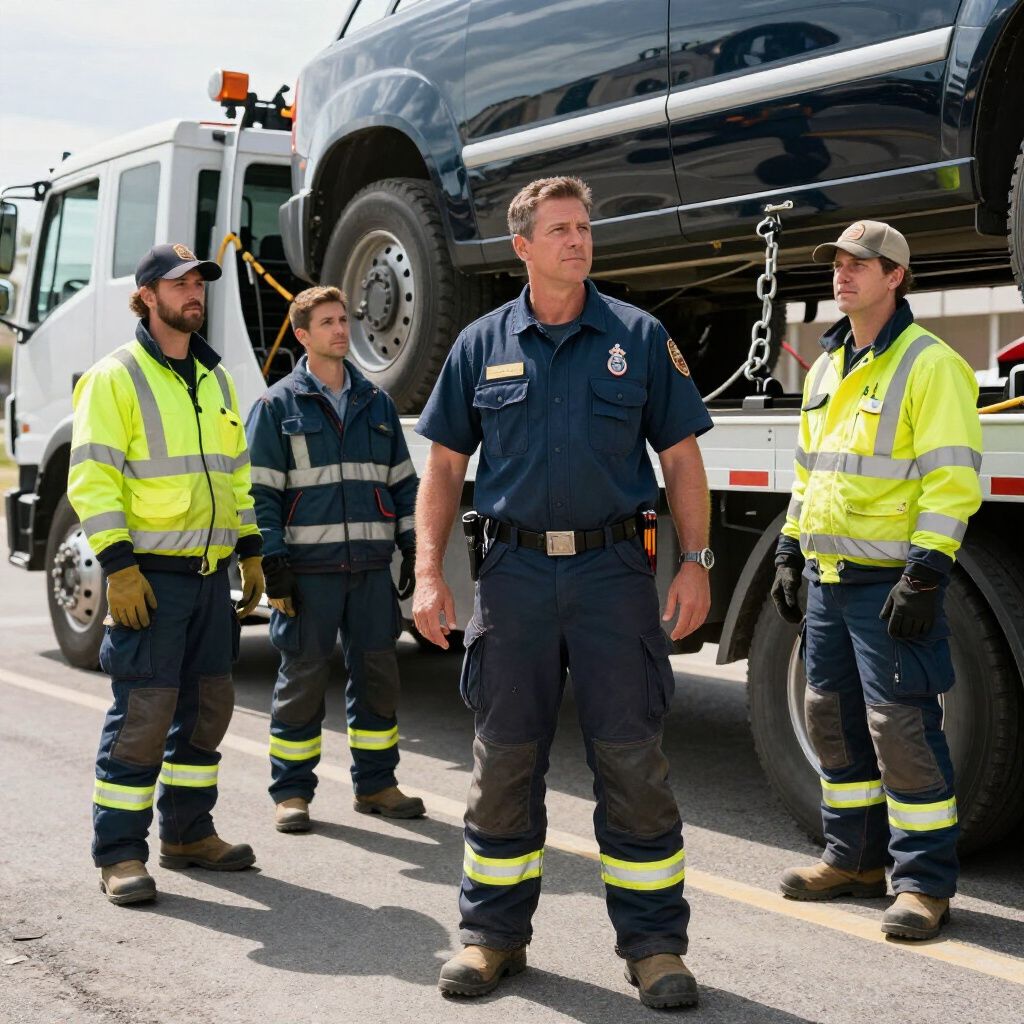 Four tow truck operators stand near a tow truck with a black vehicle. They wear safety vests and uniforms.