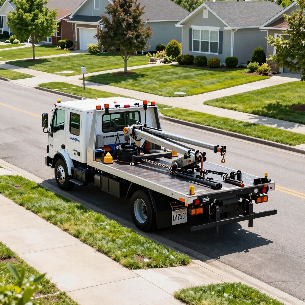 White tow truck parked on a residential street. Flatbed with machinery, houses in background.