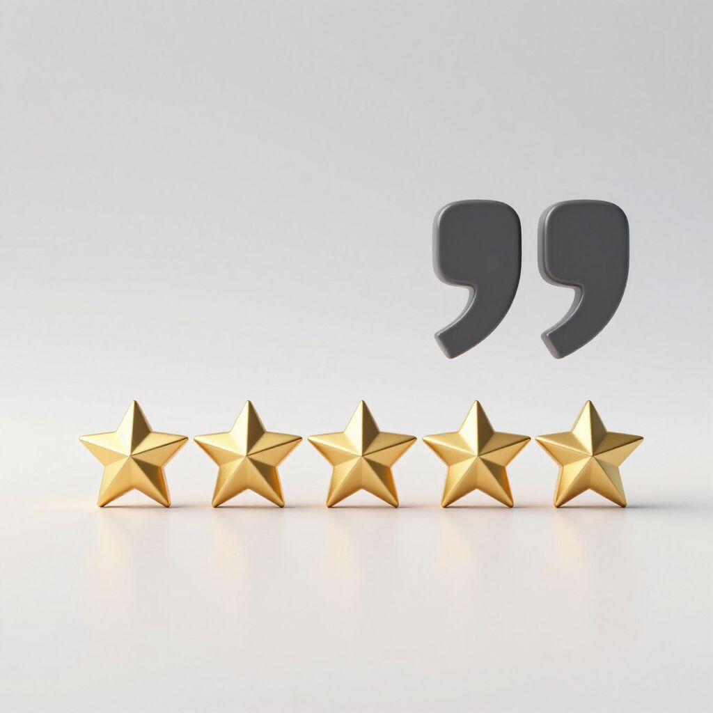 Five gold stars below gray quotation marks.