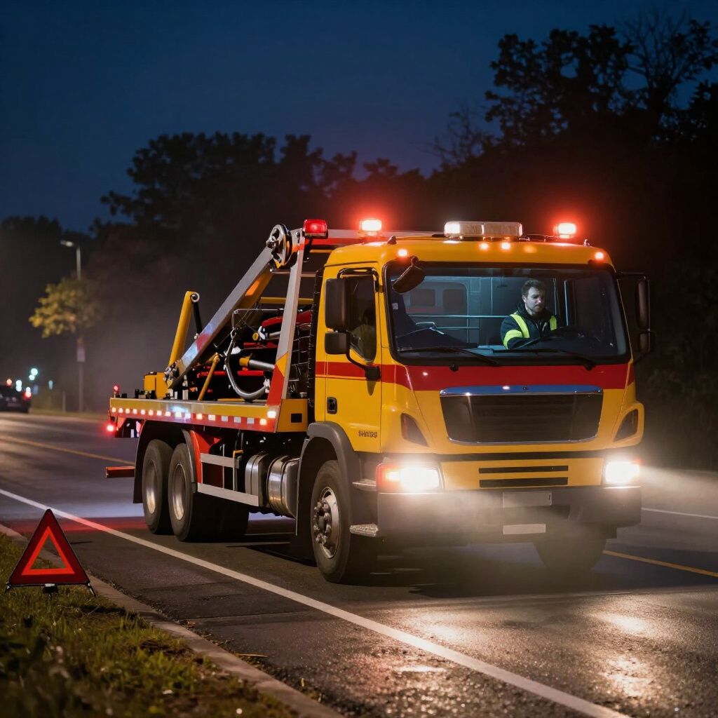 Tow truck with flashing lights on road at night. Driver in cab. Red warning triangle.