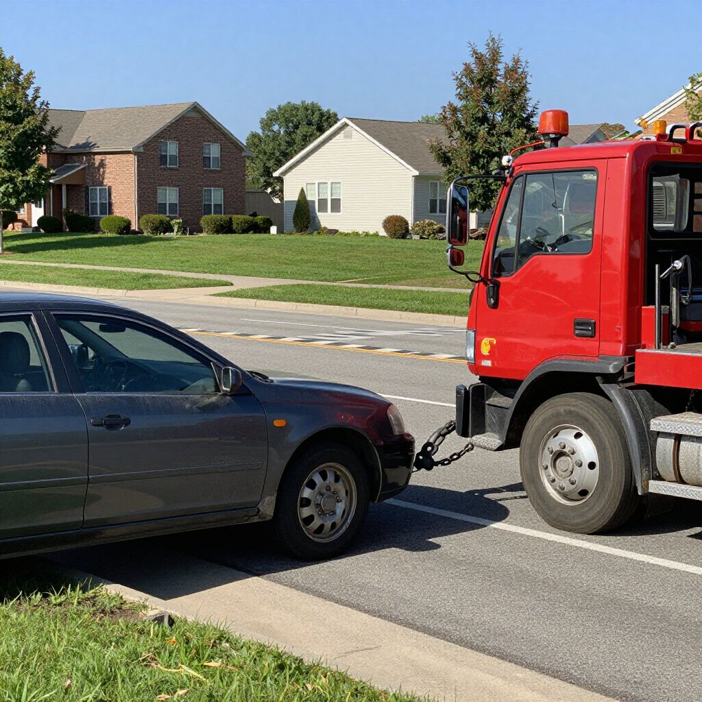 Red tow truck towing a dark gray car in a residential area.