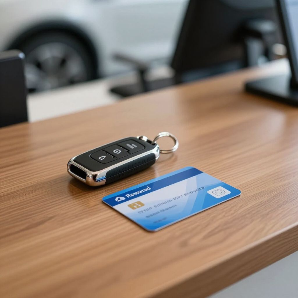 Car key and blue credit card on a wooden desk with a car in the background.