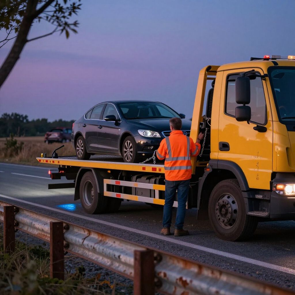 Tow truck loading a car on a roadside at dusk; worker in safety vest.