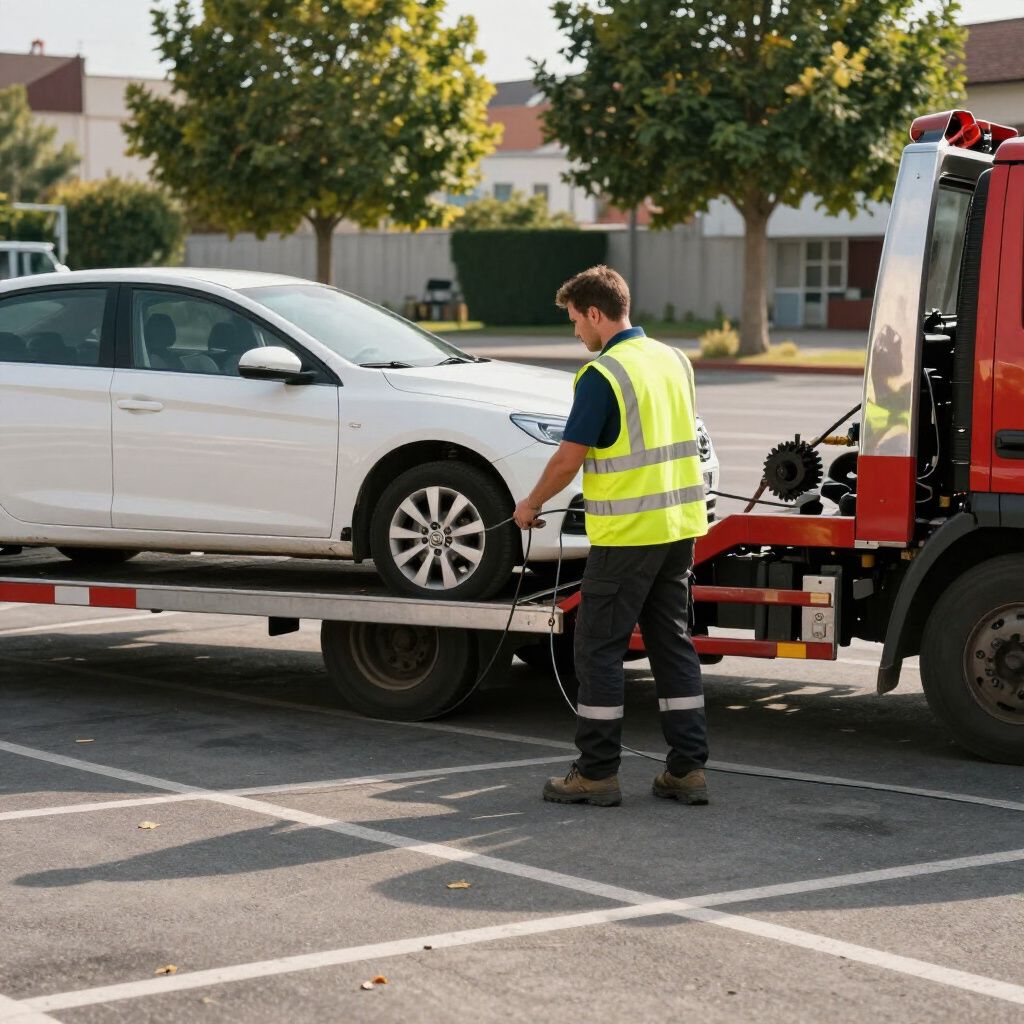 Tow truck operator securing a white car onto the flatbed of a tow truck in a parking lot.