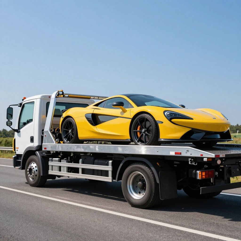 Yellow sports car on a flatbed tow truck traveling on a highway.