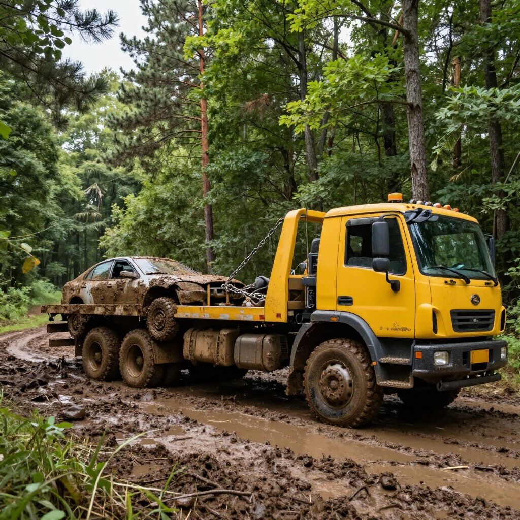 Yellow tow truck carrying a muddy car through a muddy forest road.