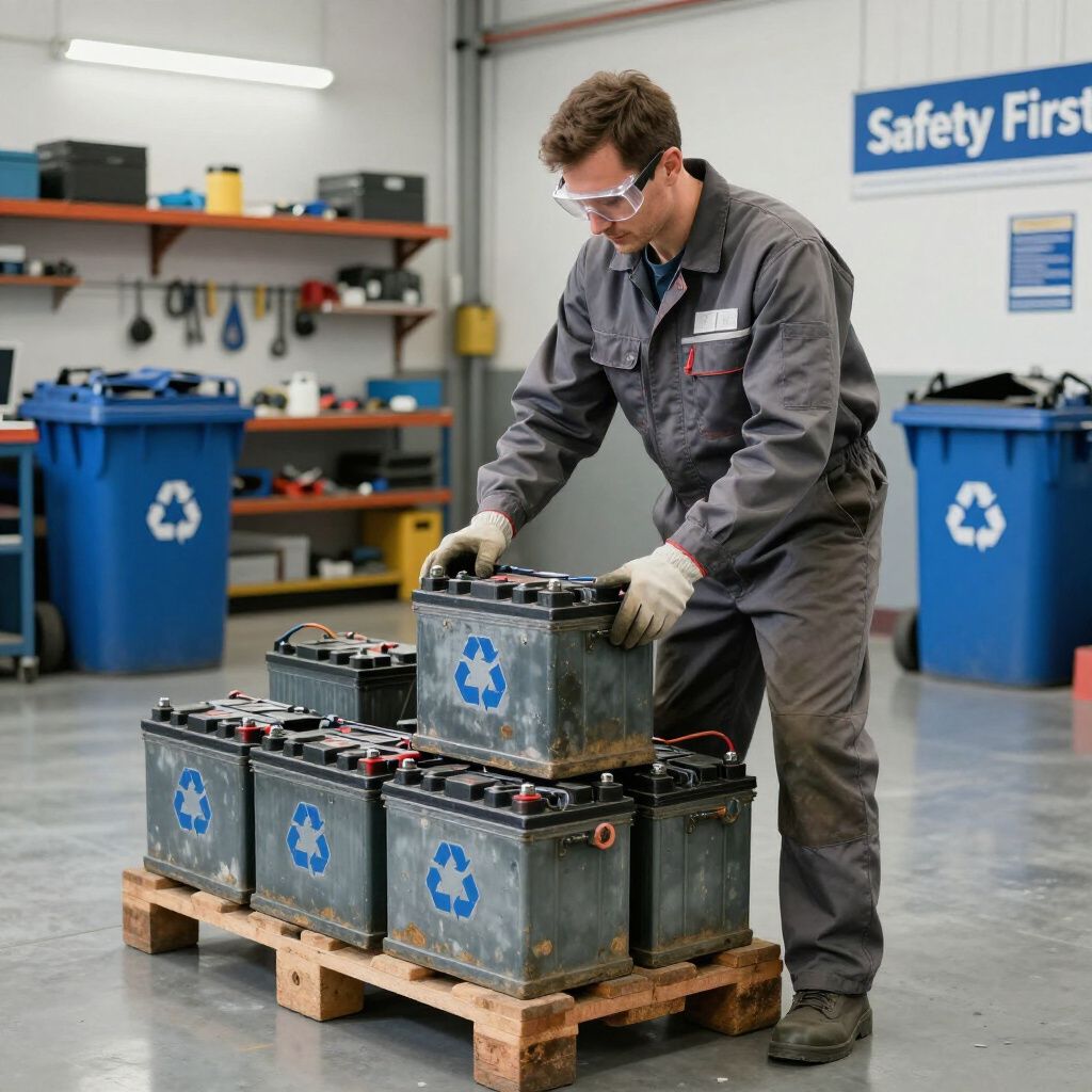 Man in workwear stacks used batteries with recycle symbol on a wooden pallet in a workshop.