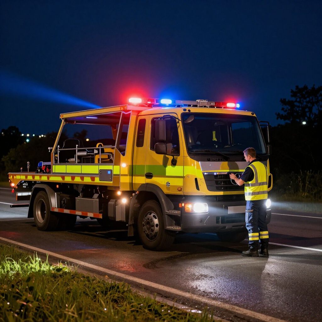 Tow truck with flashing lights on road at night; worker in reflective vest.