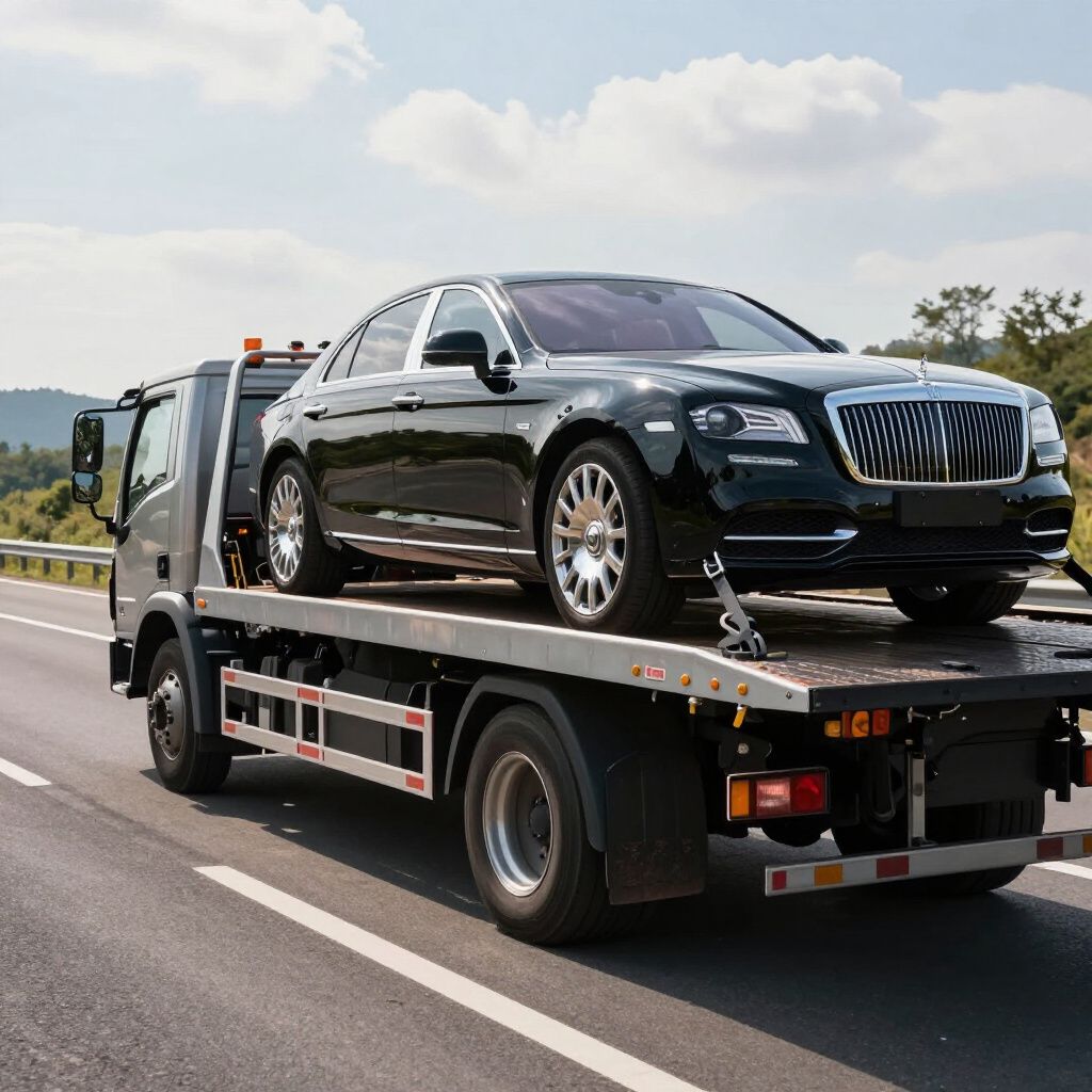 Black sedan on a flatbed tow truck traveling on a highway on a sunny day.