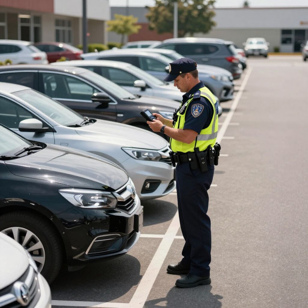 Parking enforcement officer checking vehicles in a lot, wearing uniform and high-visibility vest.