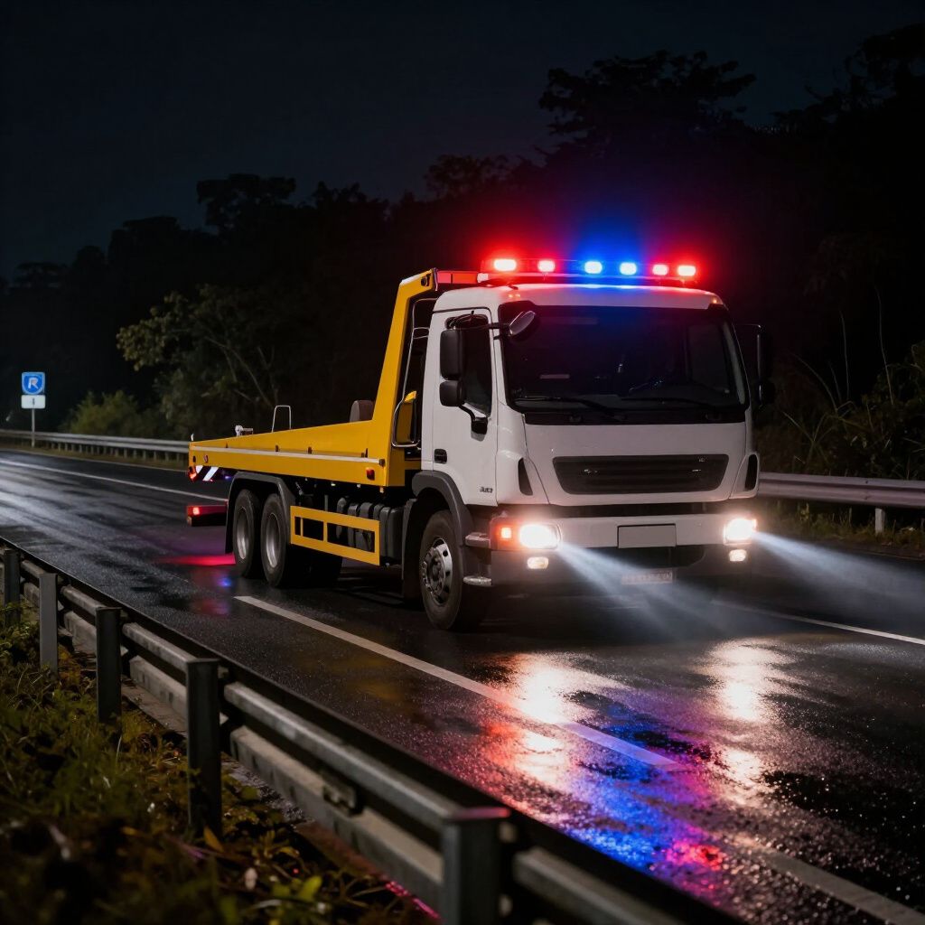 Tow truck on a wet highway at night, emergency lights flashing red and blue.