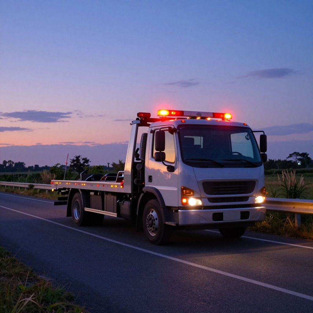 Tow truck with flashing lights on a road at dusk.