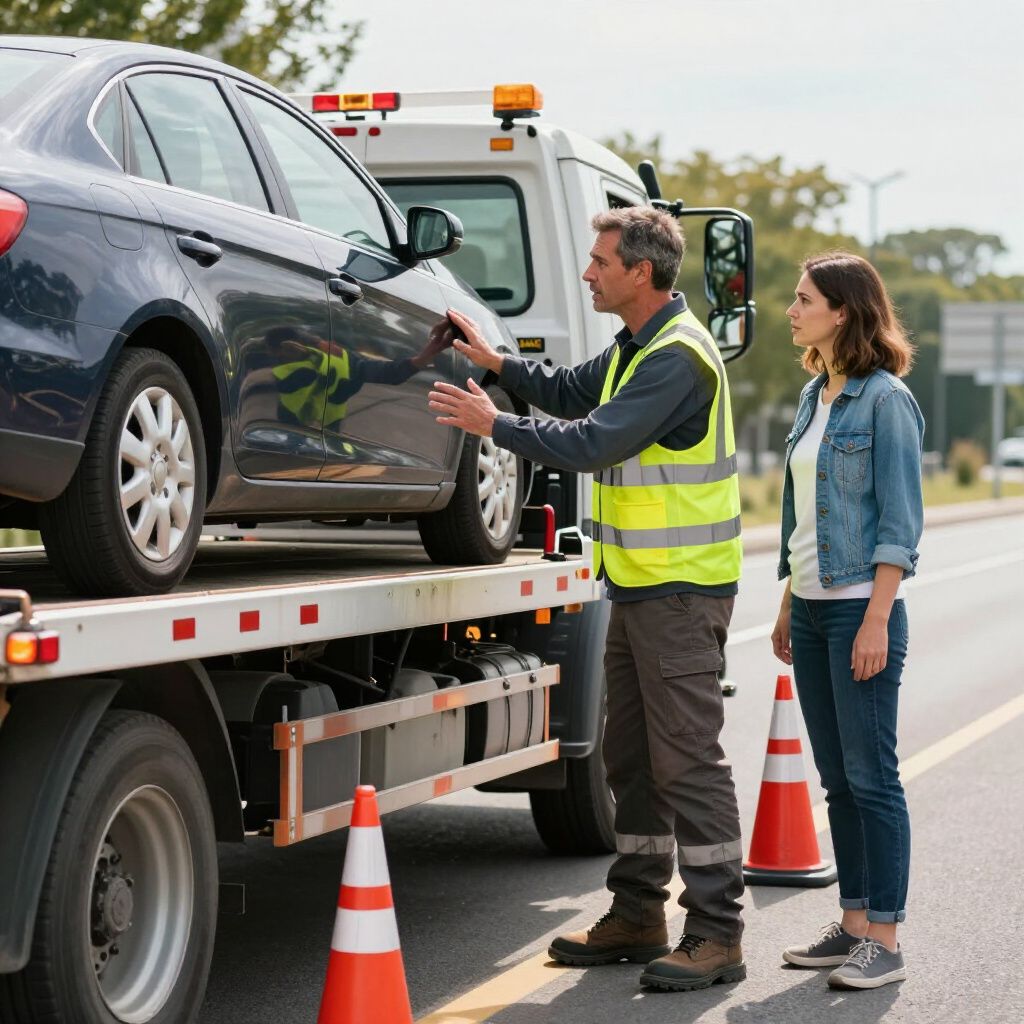 Tow truck operator talking to a woman next to a car loaded on a flatbed; roadside setting.