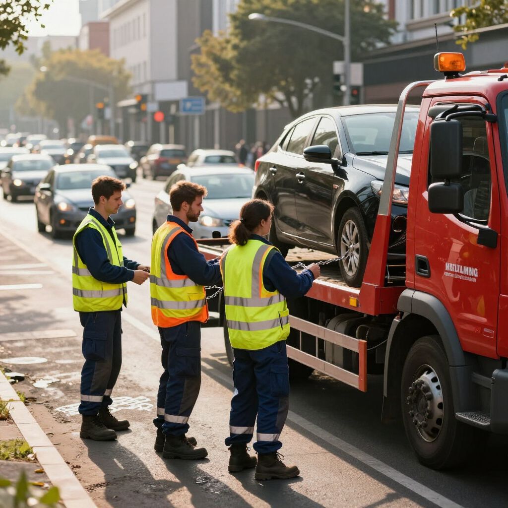 Three tow truck workers loading a black car onto a flatbed tow truck on a city street.