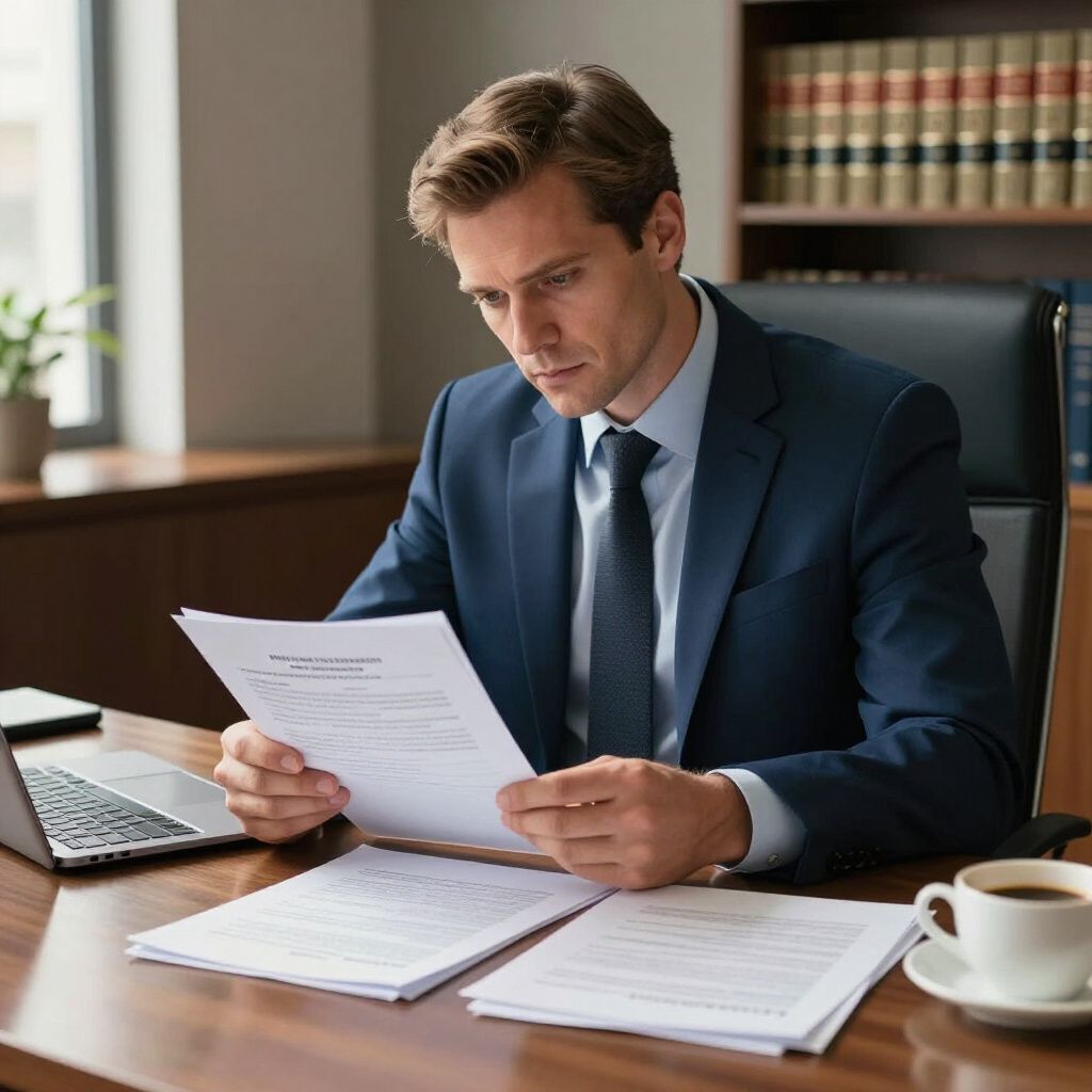Man in a suit reviewing documents at a desk; a laptop, coffee cup, and bookshelf are in view.
