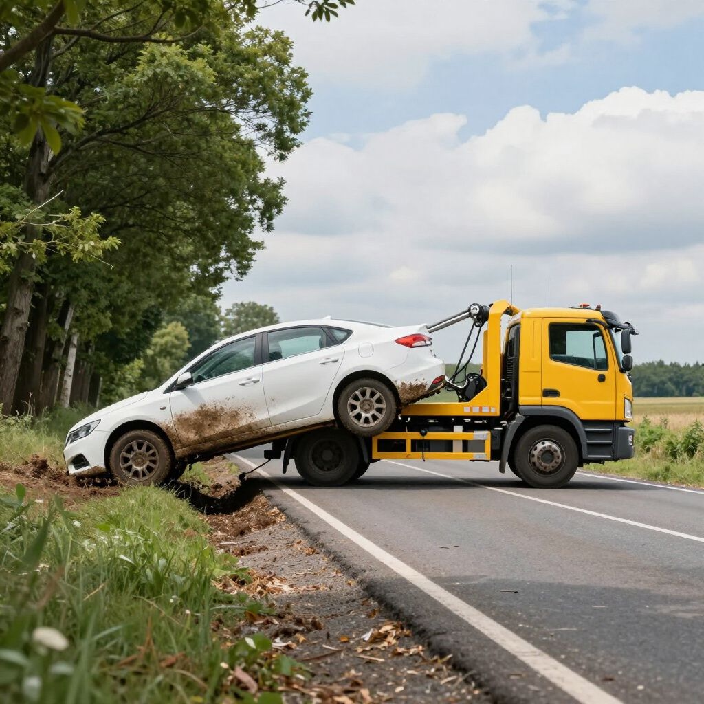 White car being towed from a ditch by a yellow tow truck on a rural road.
