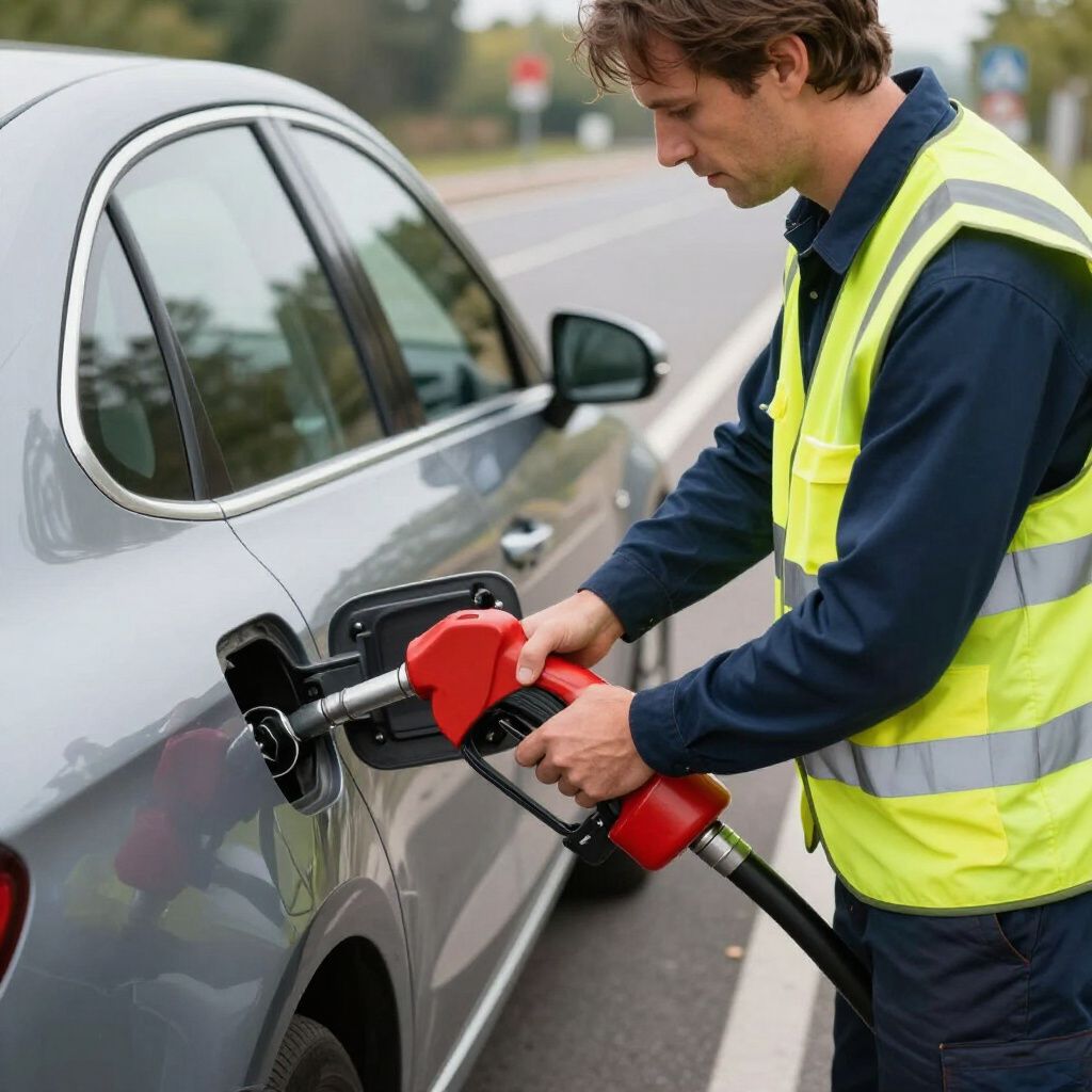 Person fueling a gray car at a gas station, wearing a yellow safety vest.