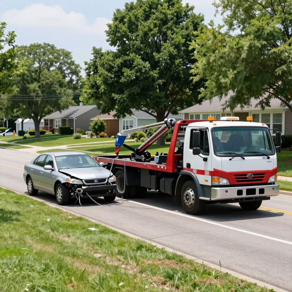 Tow truck towing a damaged silver car on a residential street.
