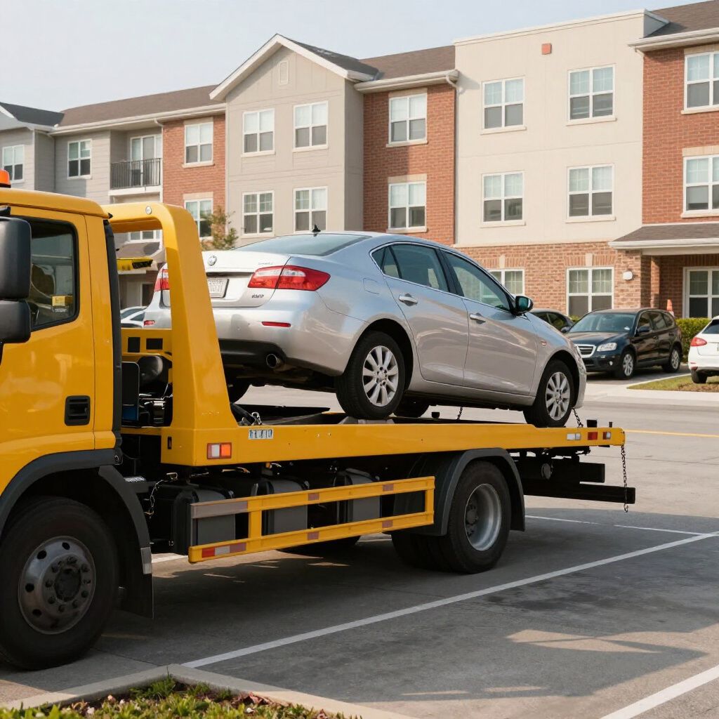 Tow truck carrying a silver car in a parking lot, apartment building in background.