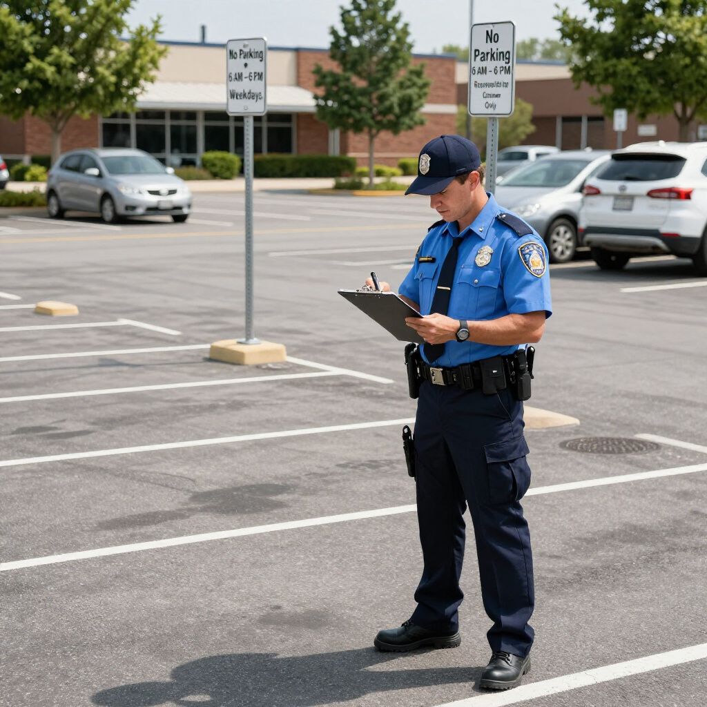 Police officer writing a parking citation in a parking lot.