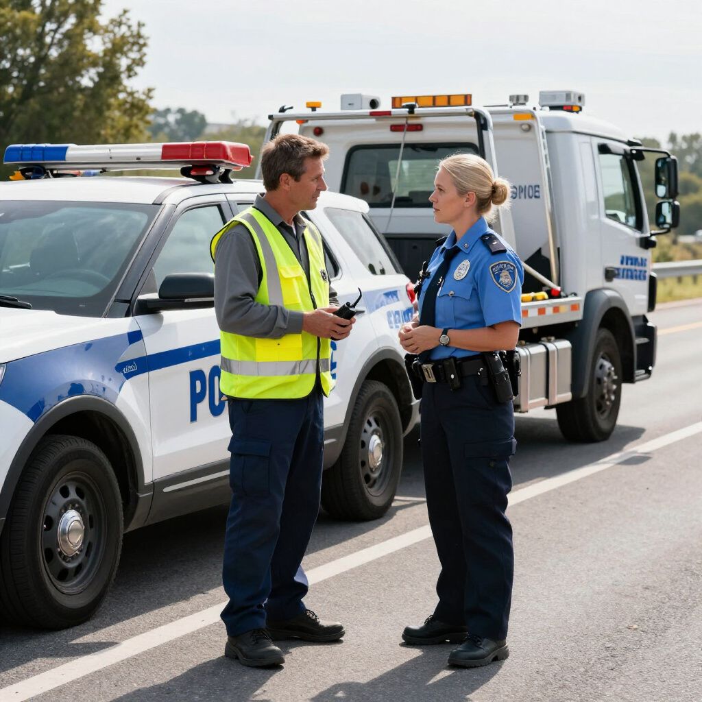 A police officer and a tow truck driver talking near a police car and a tow truck on a highway.