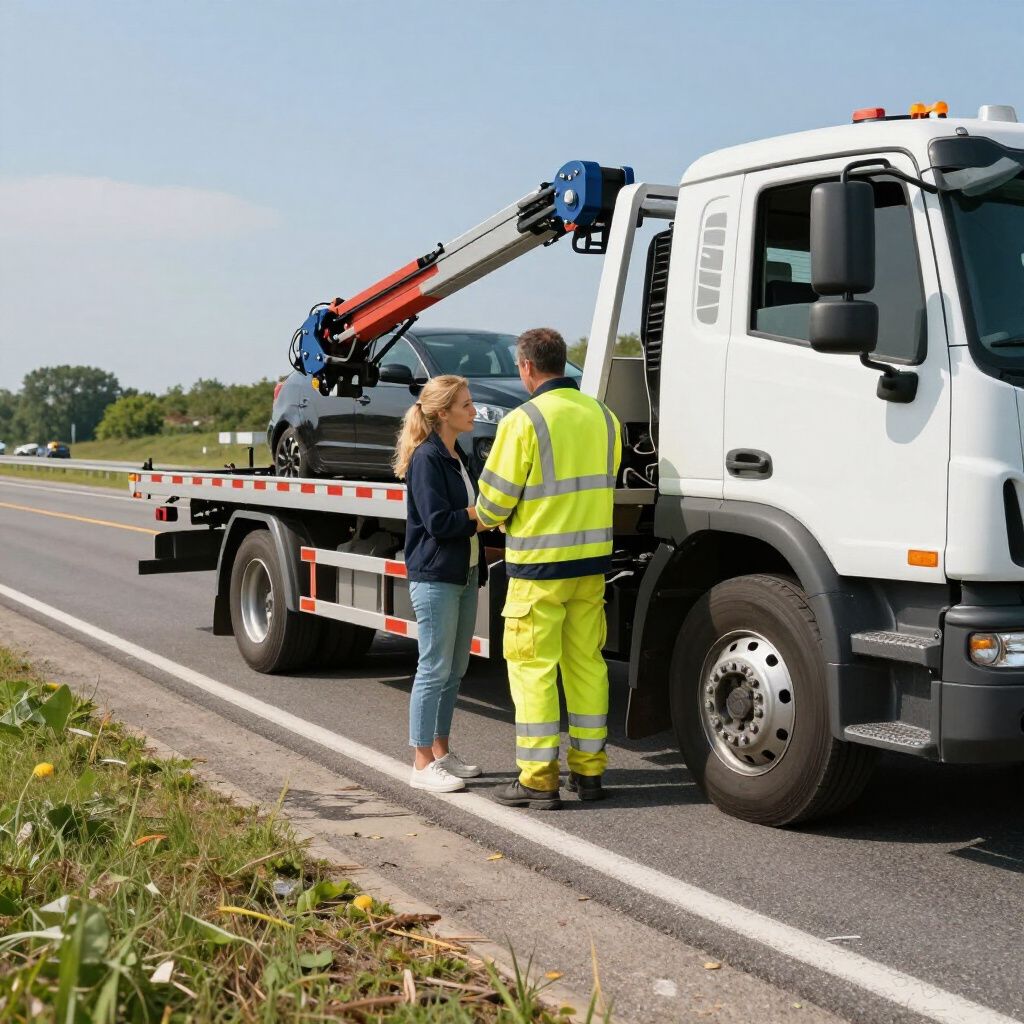 Woman talking to a tow truck driver. Car being towed on a roadside.