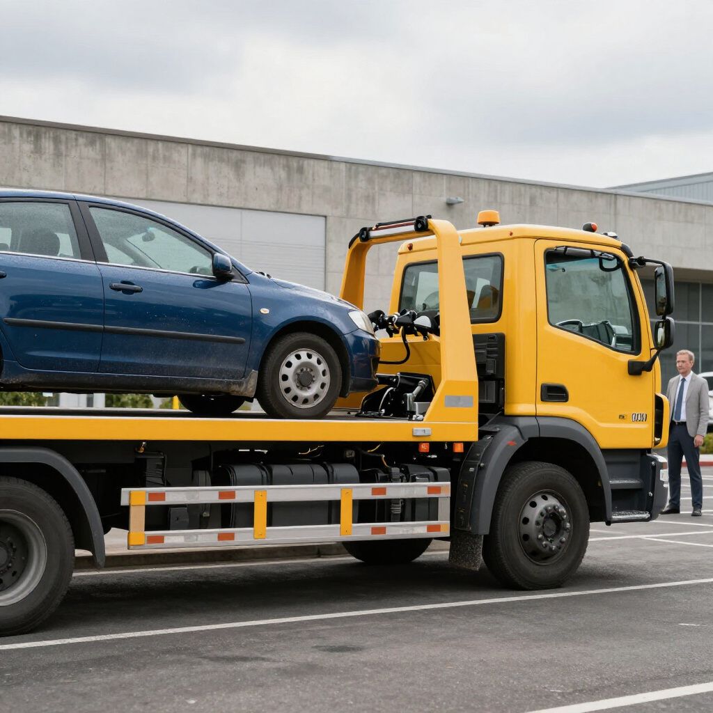 Yellow tow truck carrying a blue car; a man in a suit stands nearby.