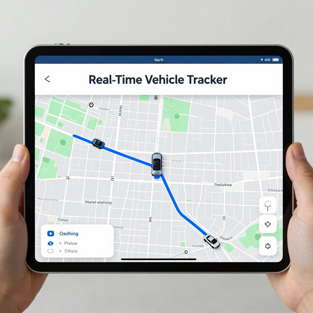 A tablet displaying a real-time vehicle tracker with a car's route on a map, held in two hands.